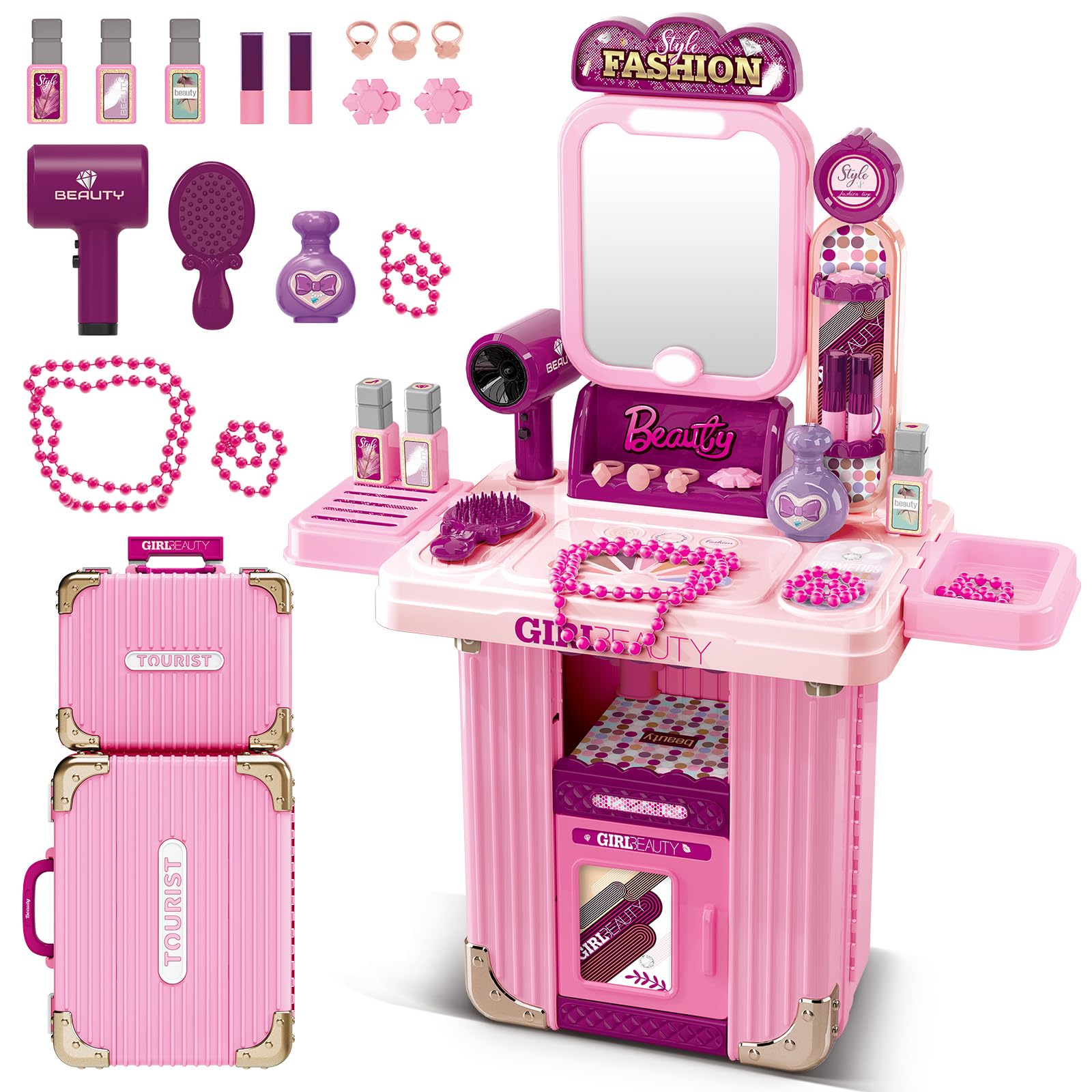 deAO Kids Dressing Table, Pink Dressing Table with Suitcases, Make Up Desk Girl Toy for 3 4 5 6 7 8 Year Old Girls Hair Salon Pretend Play Princess Dress Up Playset Gift Toddler