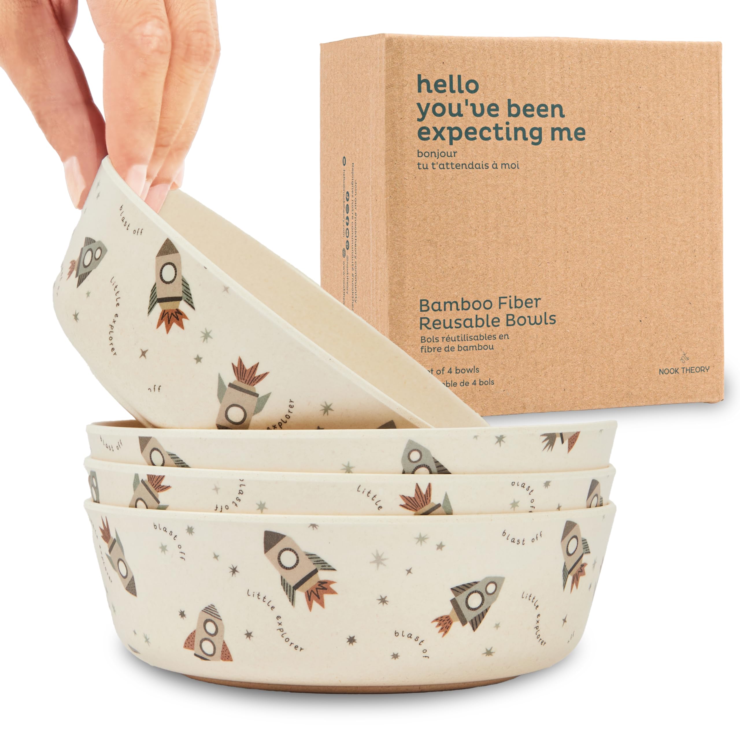 Photo 1 of Nook Theory 4 Pack Bamboo Bowls - Alternative to Plastic Bowl, 18 Oz Reusable, Shatterproof Dinnerbowl, Dishwasher Safe - Not Microwavable Bamboo Dishes (Space)