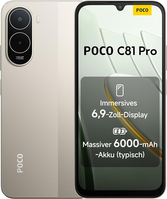 Poco C81 Pro Smartphone, 4 GB + 128 GB, Handy, 6000 mAh Akku, 120 Hz Bildschirm, 6,9 Zoll Display, 13 MP AI-Doppelkamera, Gold, zusätzliche 1 Jahr Garantie — Foto 1 von 8