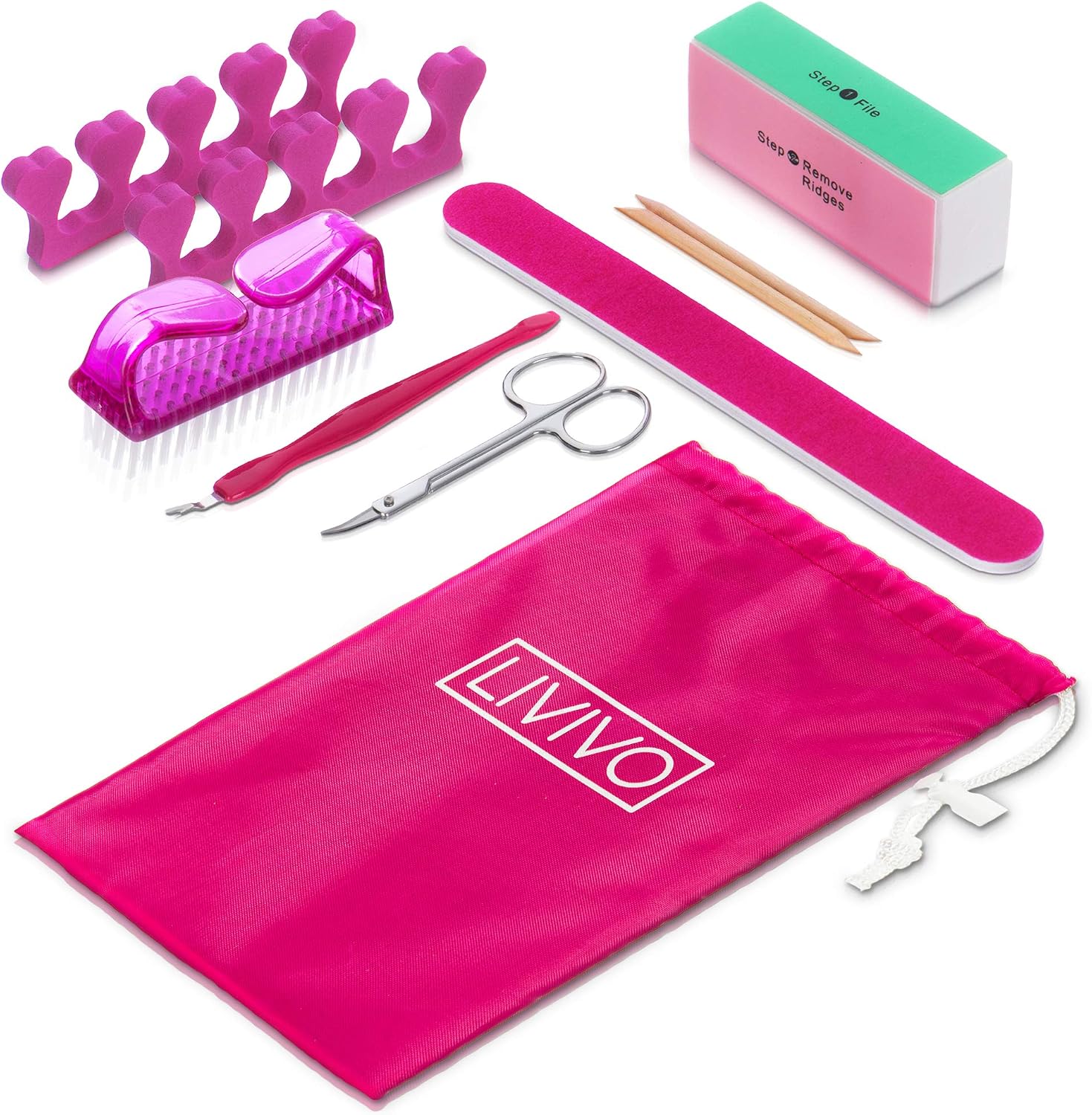 LIVIVO 9 Piece Manicure & Pedicure Kit, Nail Grooming Set for Natural & Acrylic Nails with Emery Board, Buffer Block