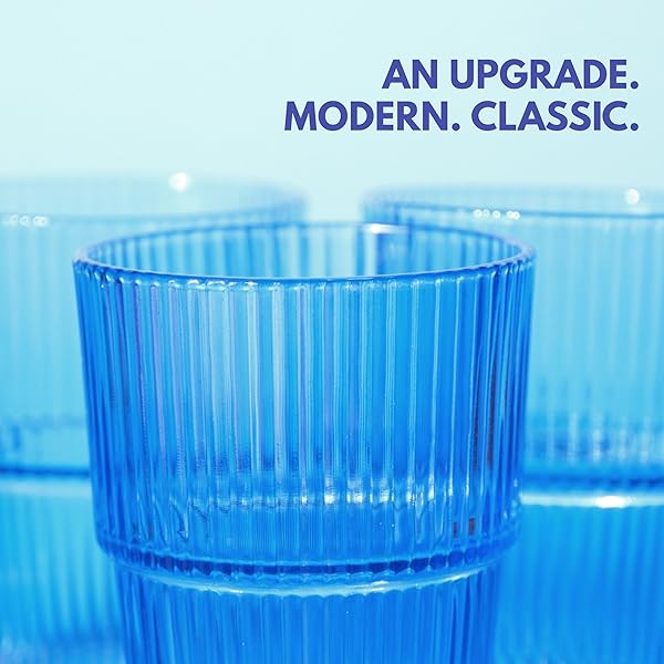 ELEMENT LABS RIBBED DRINKING GLASSES SET OF 4 – STACKABLE GLASS CUPS FOR KITCHEN – ICED COFFEE, WATER, JUICE & MOCKTAILS – AESTHETIC WATER TUMBLERS ELEGANT HOSTESS GIFTS HOME ESSENTIALS (14 FL OZ)