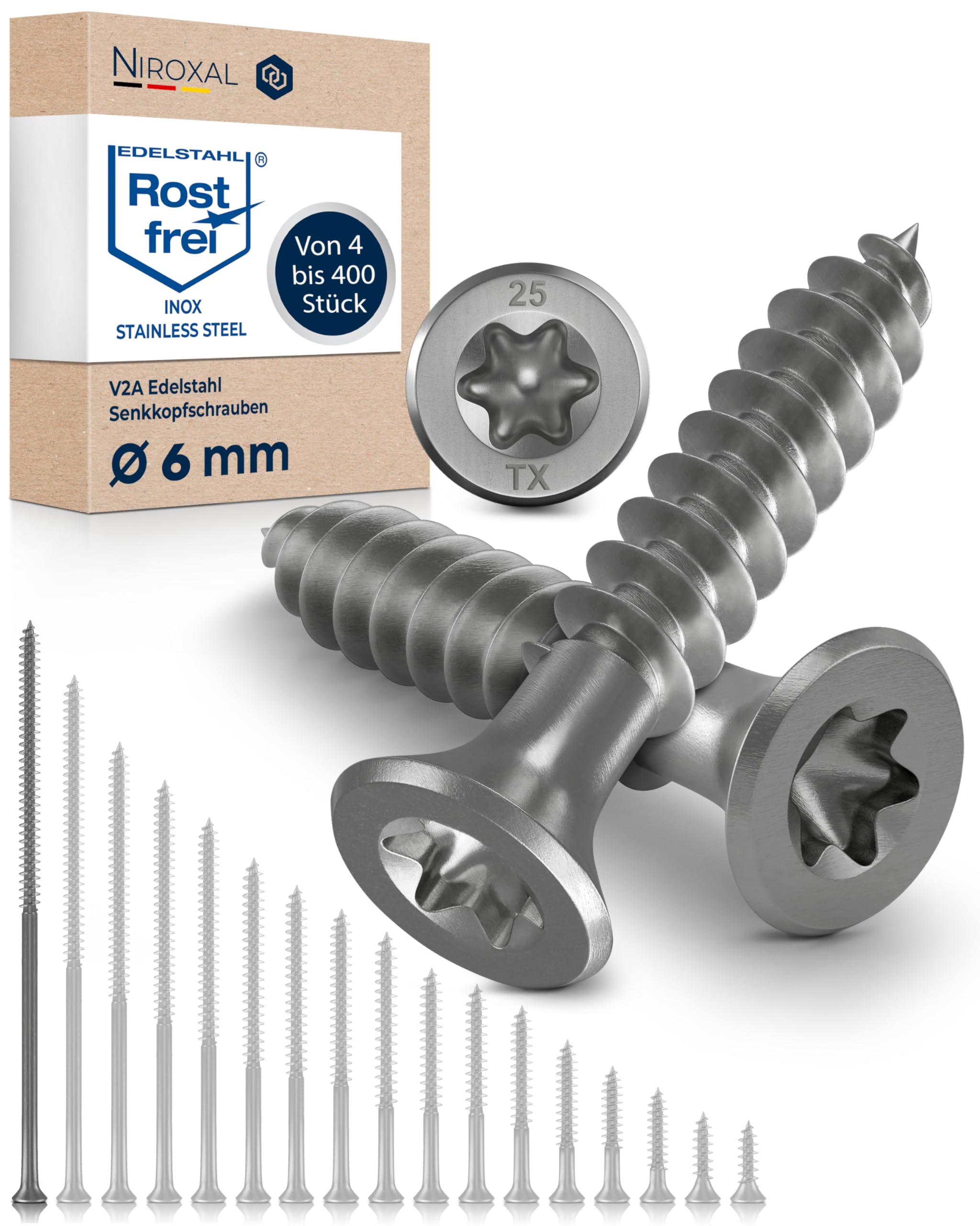 Wood Screws 6 x 180 mm TORX Countersunk Head Stainless Steel 304 Chipboard Screws Timber Screws Partial Thread Rustproof A2 50 Pack