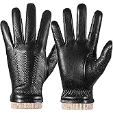 QNLYCZY Winter Fashion Genuine Leather Gloves for Men, Cashmere Warm Lined Finger Touchscreen Texting Driving Gloves