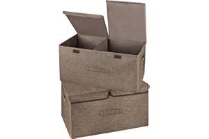 Valease 2 Pack Large Storage Boxes with Lids and Handles, Collapsible Linen Storage Bins Organizer Containers Baskets Cube with Removable Divider for Home Bedroom Closet Office (Coffee, Large)