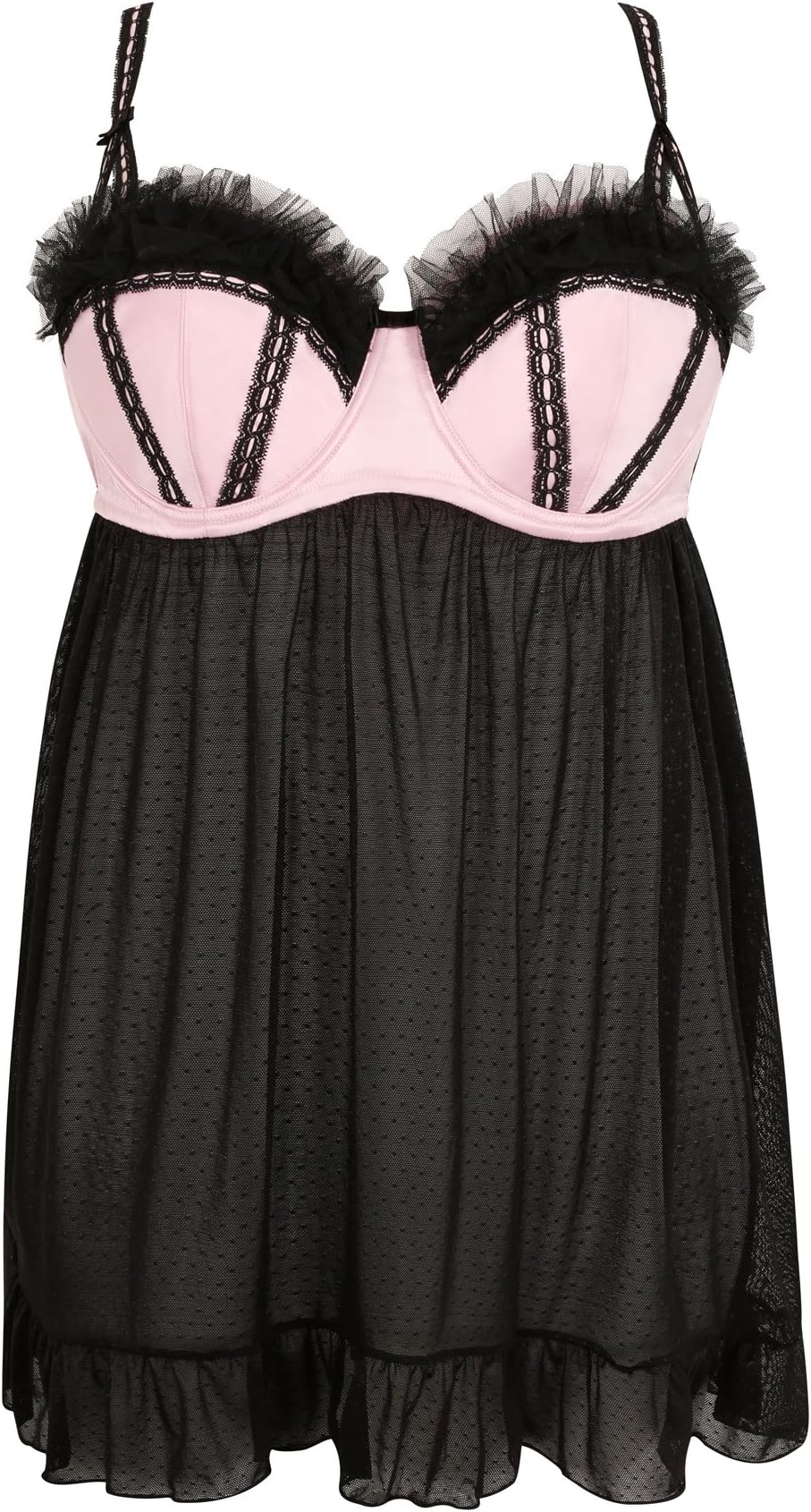 Yours Women's Plus Size Pink & Satin & Spotted Mesh Babydoll with Frill Detail Size 42DD Black