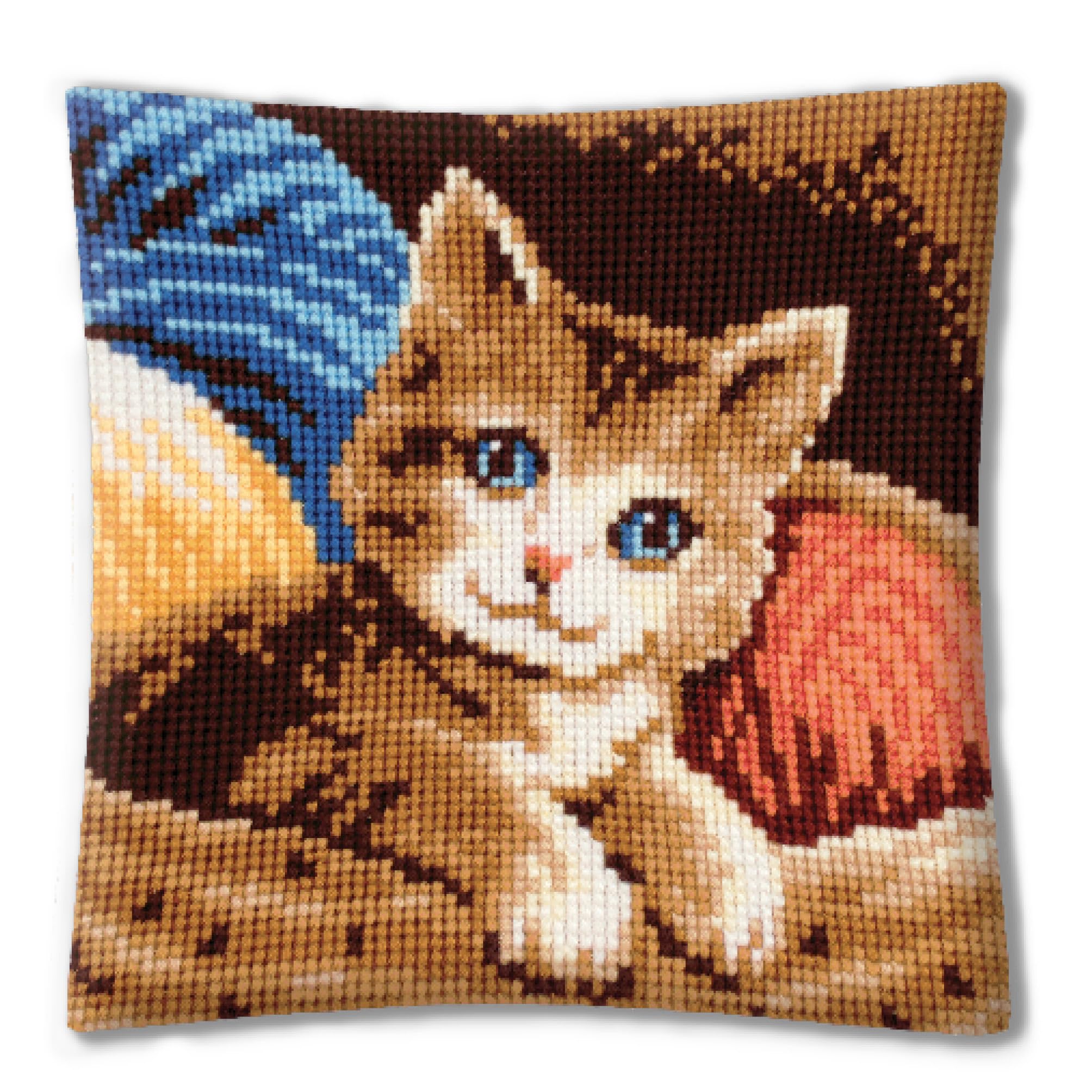 Photo 1 of "Fun Craftkits" Cross Stitch Pillow Kit with Cushion Backing CAT DIY Home Decor Stamped Embroidery Chunky Cross Stitch Cushion Craft Supplies ca. 16" x 16" Needlepoint Kits for Adults Creative Gift