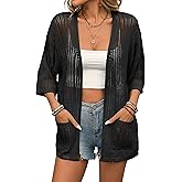 BB&KK Lightweight Summer Crochet Cardigan for Women 3/4 Sleeve Open Front Sheer Knit Boho Kimono Cardigans with Pockets