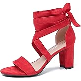 fereshte Women's Strappy Lace Up Ankle Wrap Block Heel Sandals, Open Toe Chunky Heels, 3 Inch