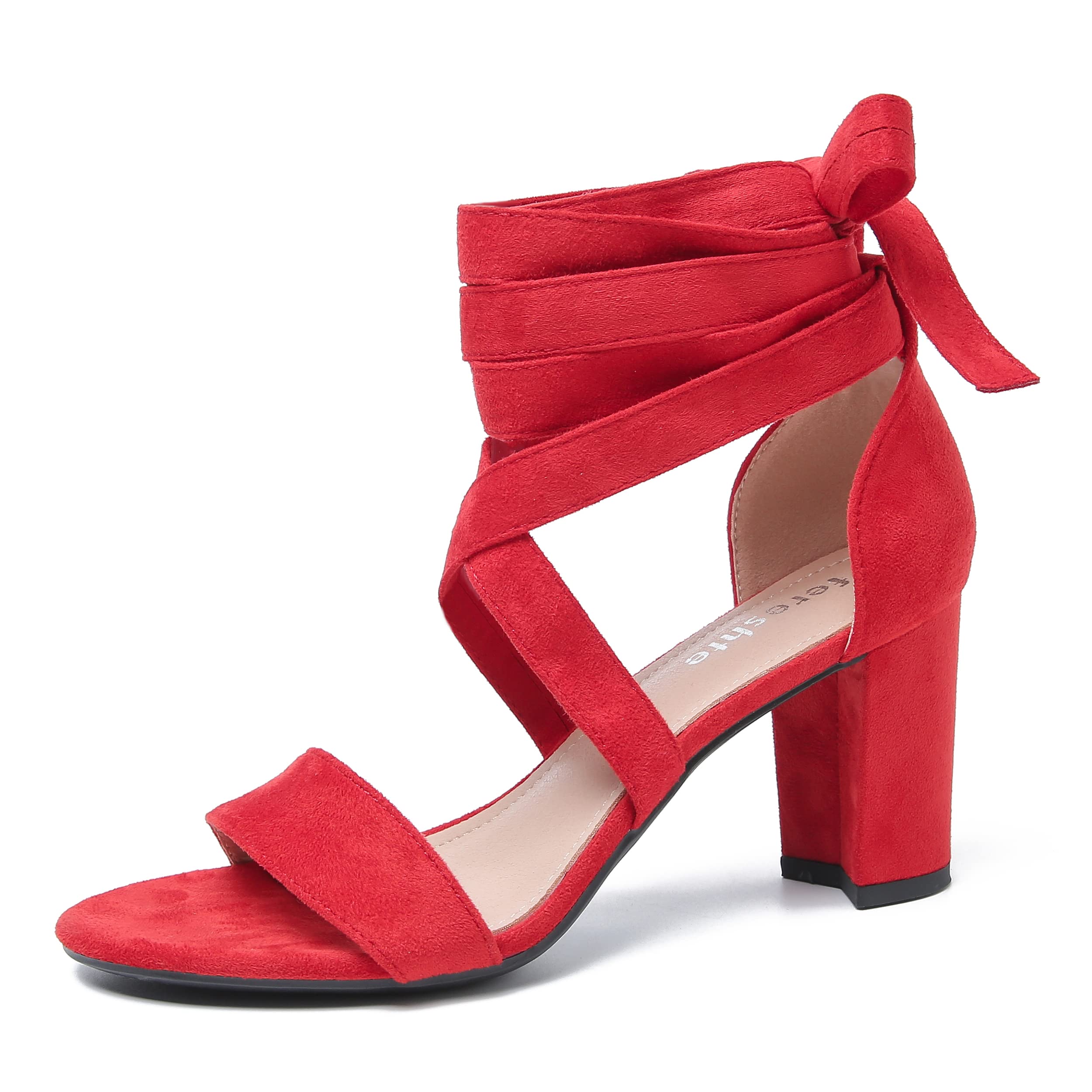 Photo 1 of fereshte Women's Strappy Heels Lace Up Heels 3 Inch Chunky Block High Heel Dress Sandals Red 40 - US 8.5