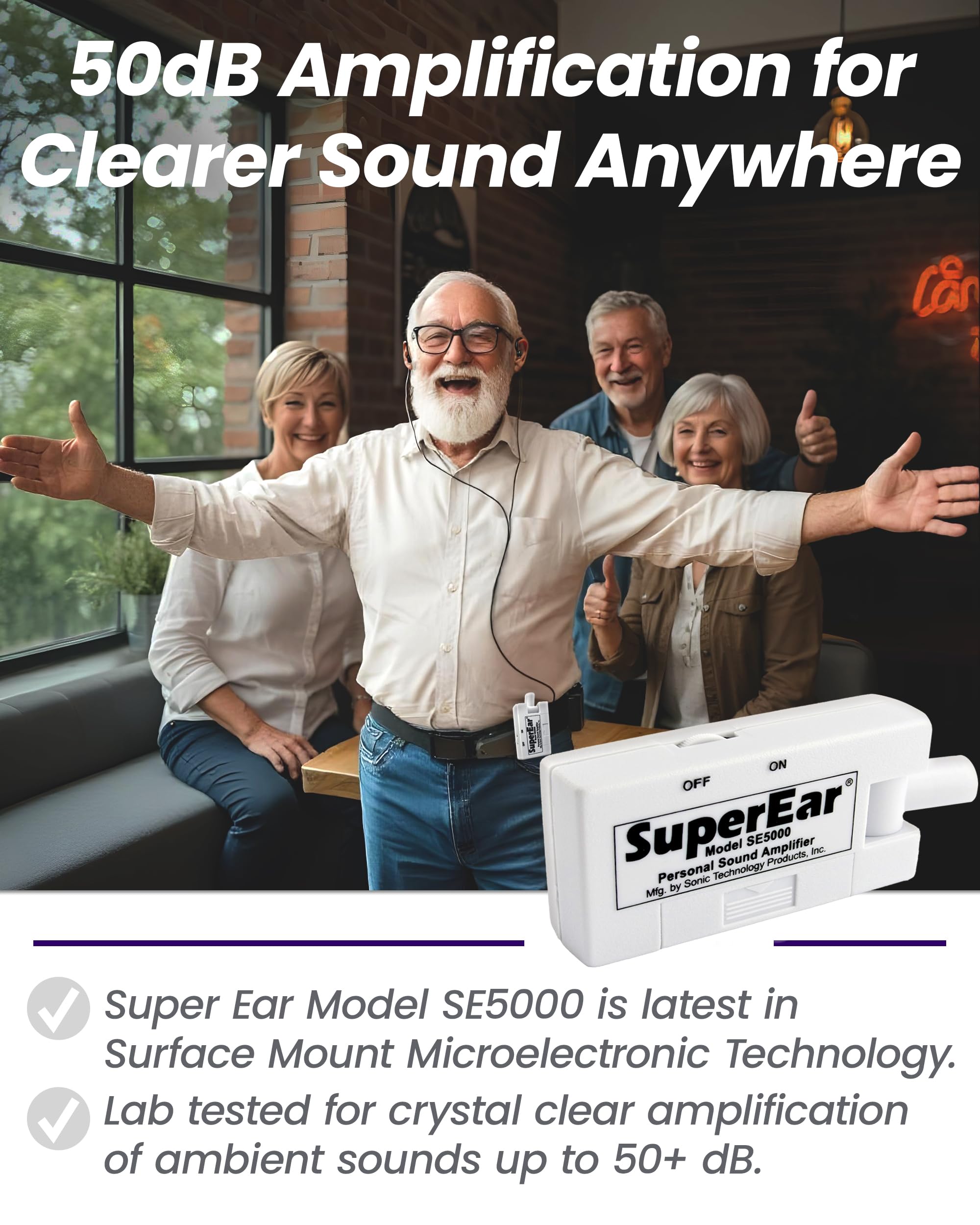 SuperEar Model SE5000 (PSAP) for Seniors - Hearing Amplifiers for Seniors, Super Ear Personal Sound Amplifier, Sound Amplifier Listening Device and Audio Accessories in 50dB Ambient Sounds Increase