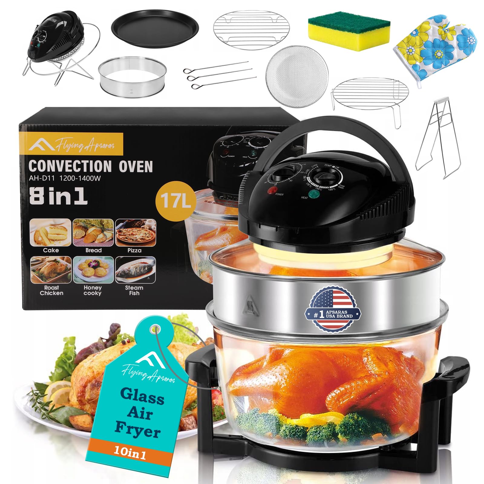 Photo 1 of APSARAS USA Upgraded 10 in1 Glass Air Fryer Non Toxic,17 Quart Convection Oven Countertop Air Fryer Glass, Healthy Kitchen Bake,Grill,Steam Broil, & Roast -Includes Bowl,Broil Rack,Toasting Rack
