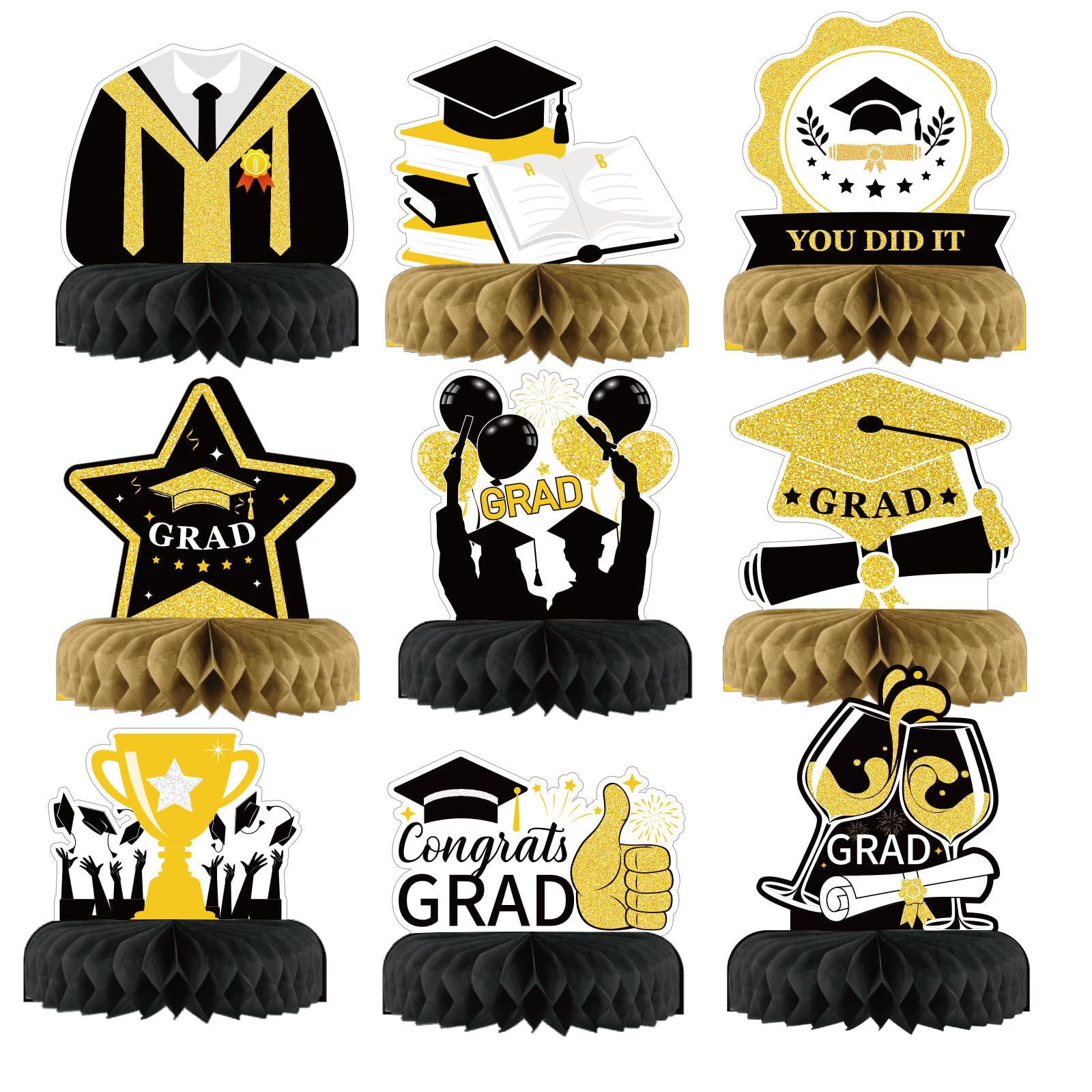 HONMOK 9pcs Graduation Decorations 2025 Graduation Honeycomb Centerpieces Black Gold Table Toppers Congrats Grad Graduation Cap Diploma Ornaments You Did It Gifts for Grad Preschool Party Supplies