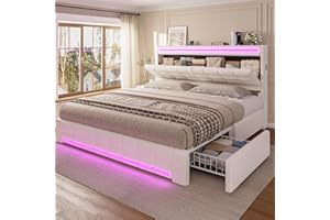 ADORNEVE King Bed Frame with Storage Headboard & 4 Drawers, LED Bed Frame King with Charging Station, Velvet Upholstered Platform Bed Frame with Button Tufted, No Box Spring Needed, Creamy White