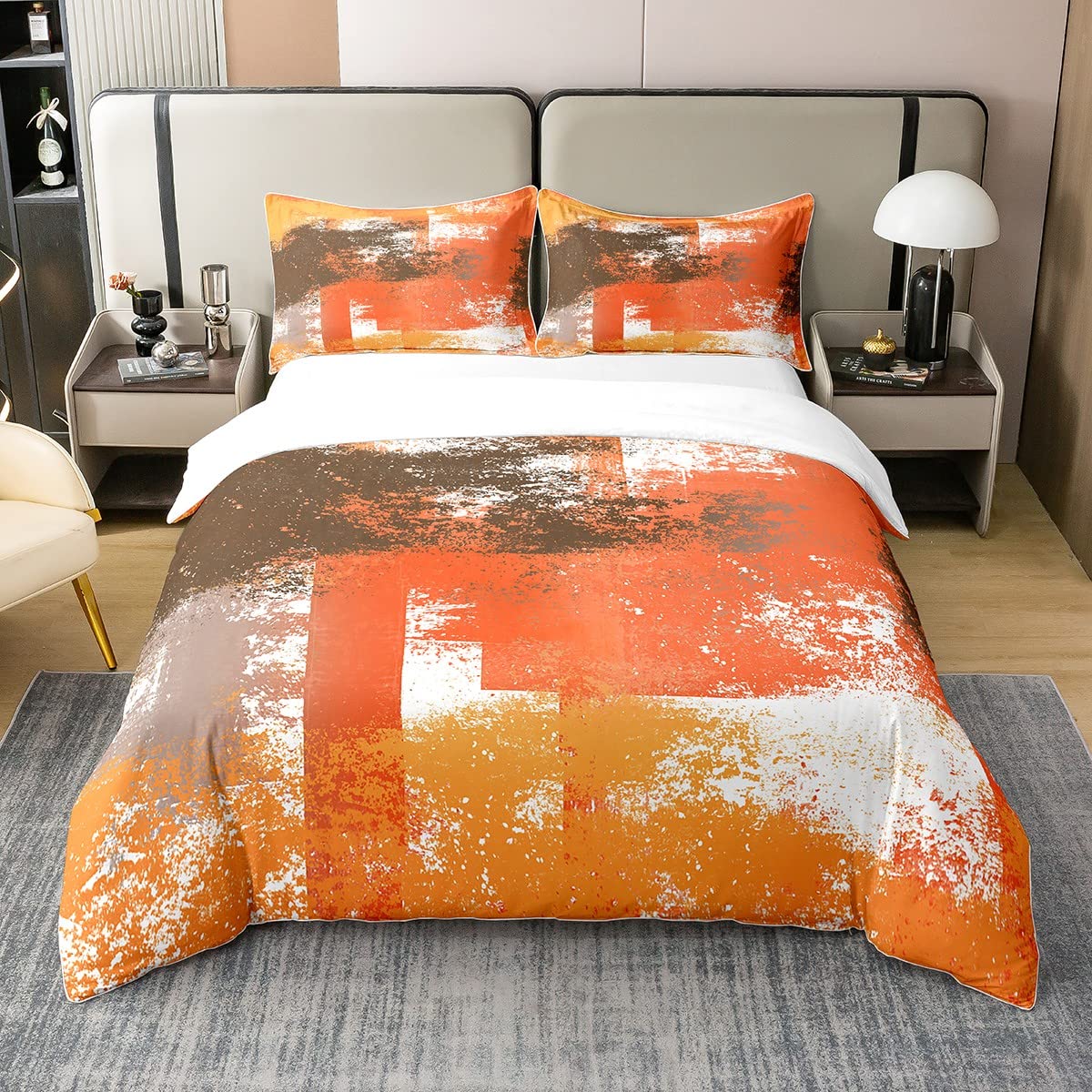Burnt Orange Cotton Duvet Cover Double Size Kids Vintage Abstract Art Painting Bedding Set for Women Men Modern Grunge Art Comforter Cover Breathable Messy Rust Decor Bedspread Cover Quilt Cover