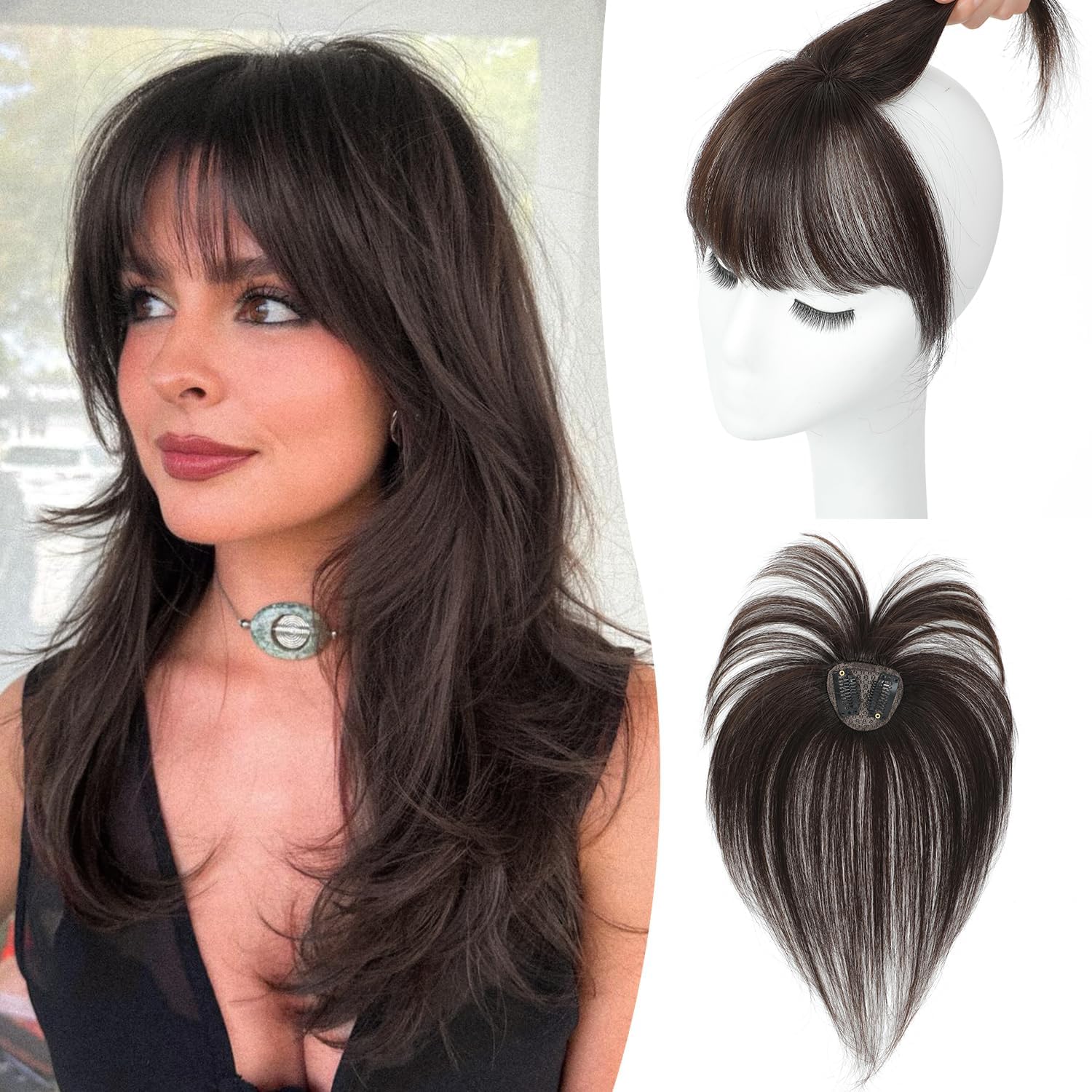 Flyroseing Dark Brown Clip in Fringe Human Hair, 360° Cover Clip in Bangs 100% Human Hair Hairpiece for Women Daily Use