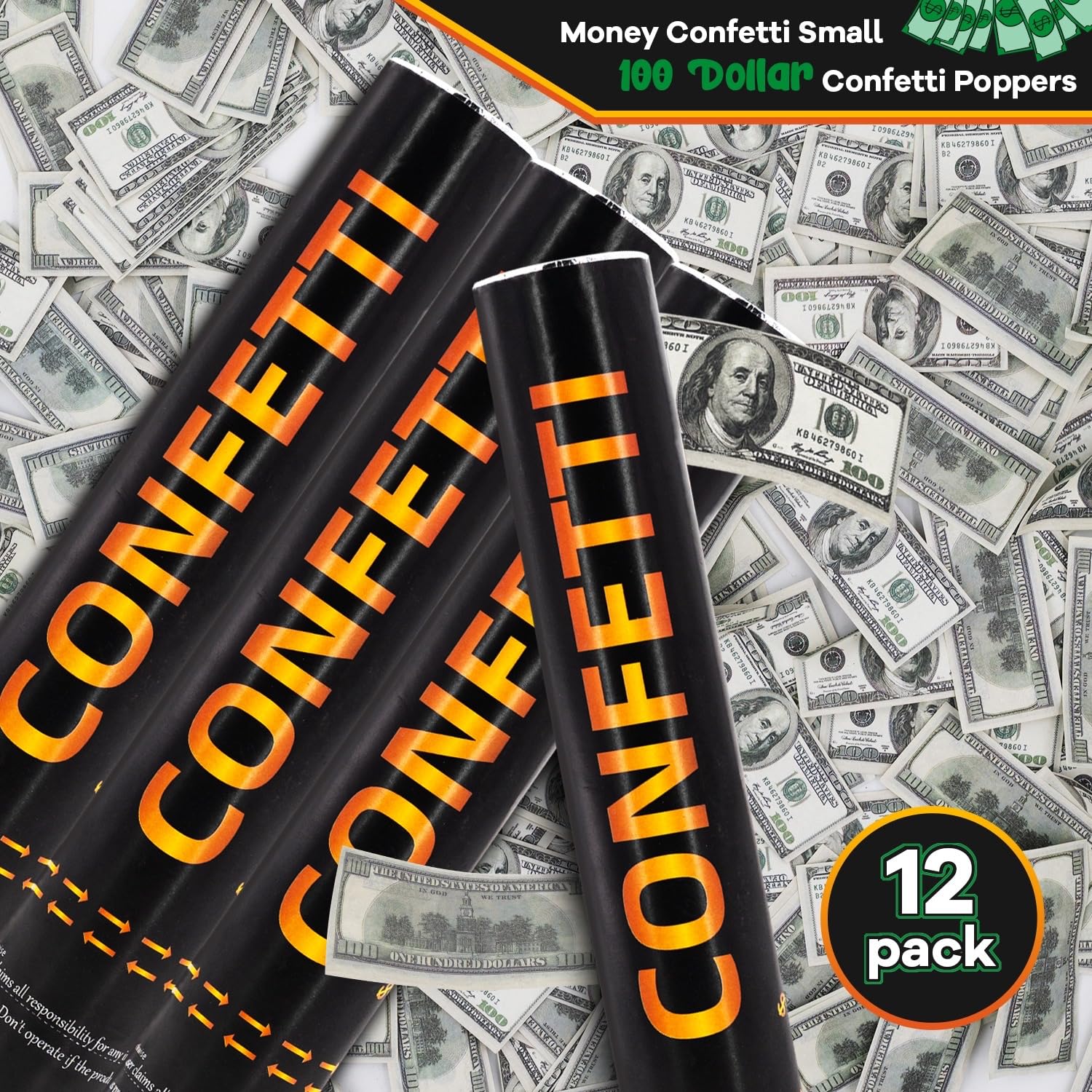 Money Confetti Cannon 12Pack Biodegradable 100 Dollar Bill Money Confetti 12inch Party Poppers for Celebration Opening Activities Birthday Graduation Business Signing