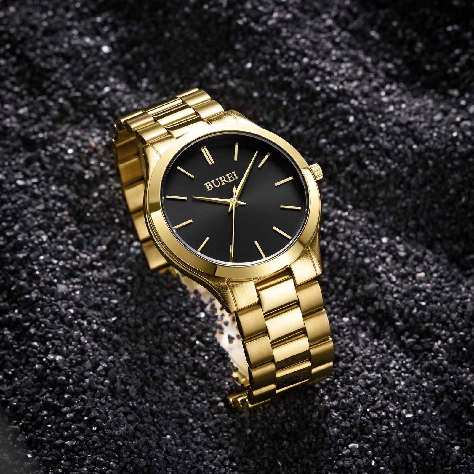 BUREI Men's Quartz Waterproof Analog Wrist Watch Men Watch, gold, Bracelet Type