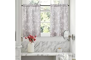 FMFUNCTEX Kitchen Tier Curtains 24 Inch Length Blossom Floral Printed Half Window Drapes for Living Room Sunlight Filter Yet Privacy Cafe Curtains Tan Rustic Curtains Rod Pocket 2 Pack