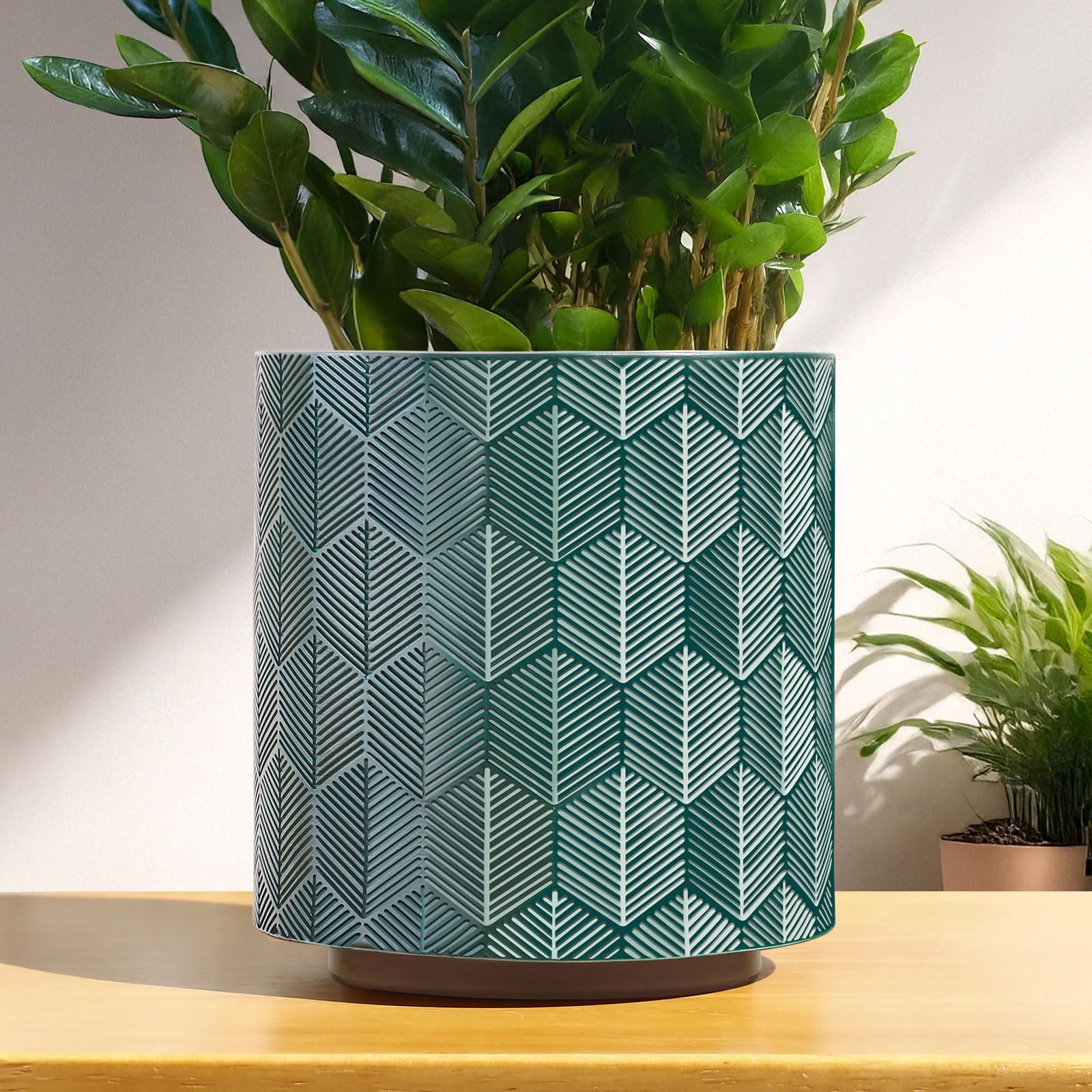 AmiCera Modern Flower Pot Hexagonal Pattern, Boho Planter for Indoor Plants, Decorative Flowers Plant Pot with Drainage, Eclectic Succulents Gardening Pot, Funky Gifts, Green