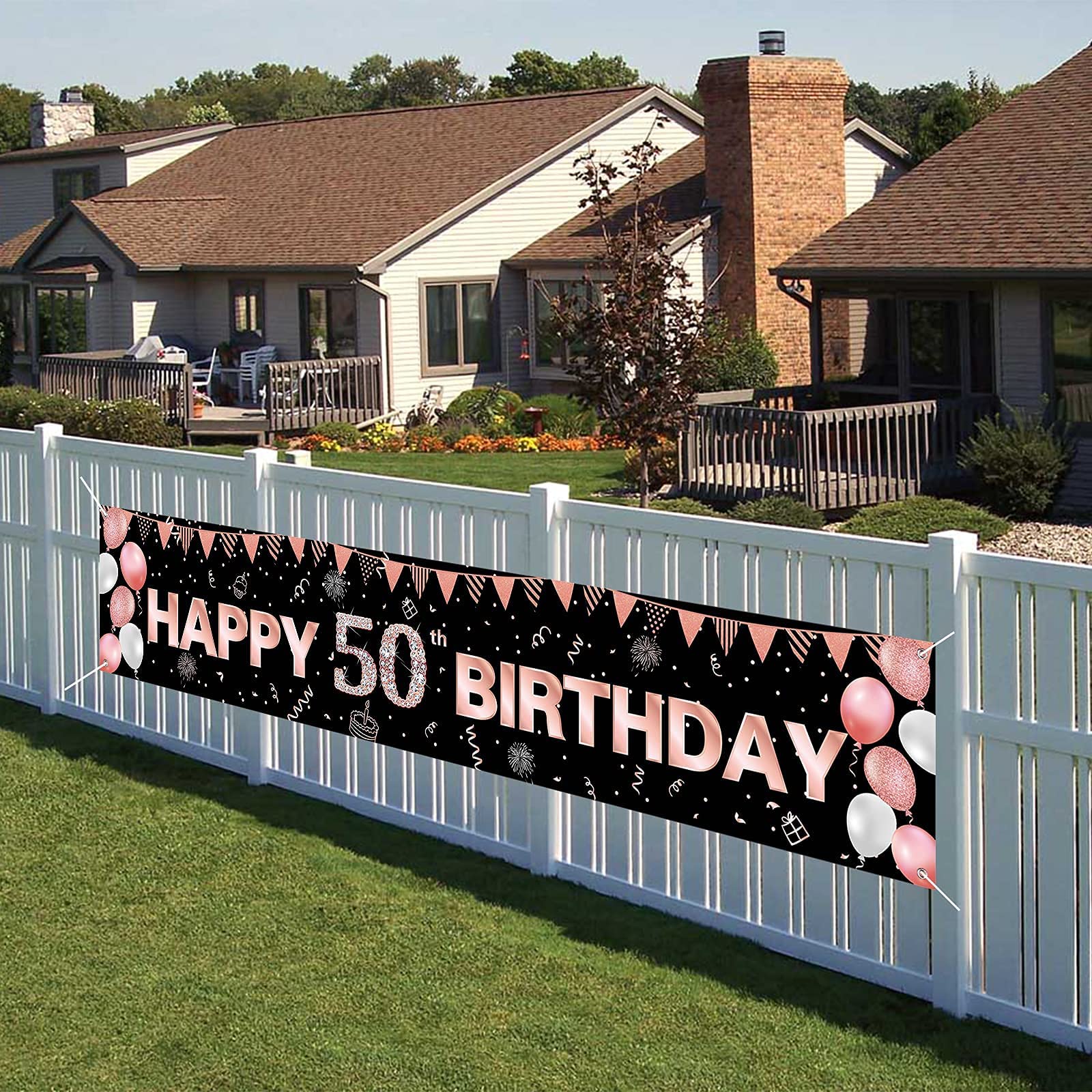 AOLOA Happy 50th Birthday Banner, Black & Rose Gold Super Large Women 50th Party Decorations, Outdoor 50 Birthday Banner Backdrop Background Photo Booth for Garden Table Wall Decoration, 40x210cm