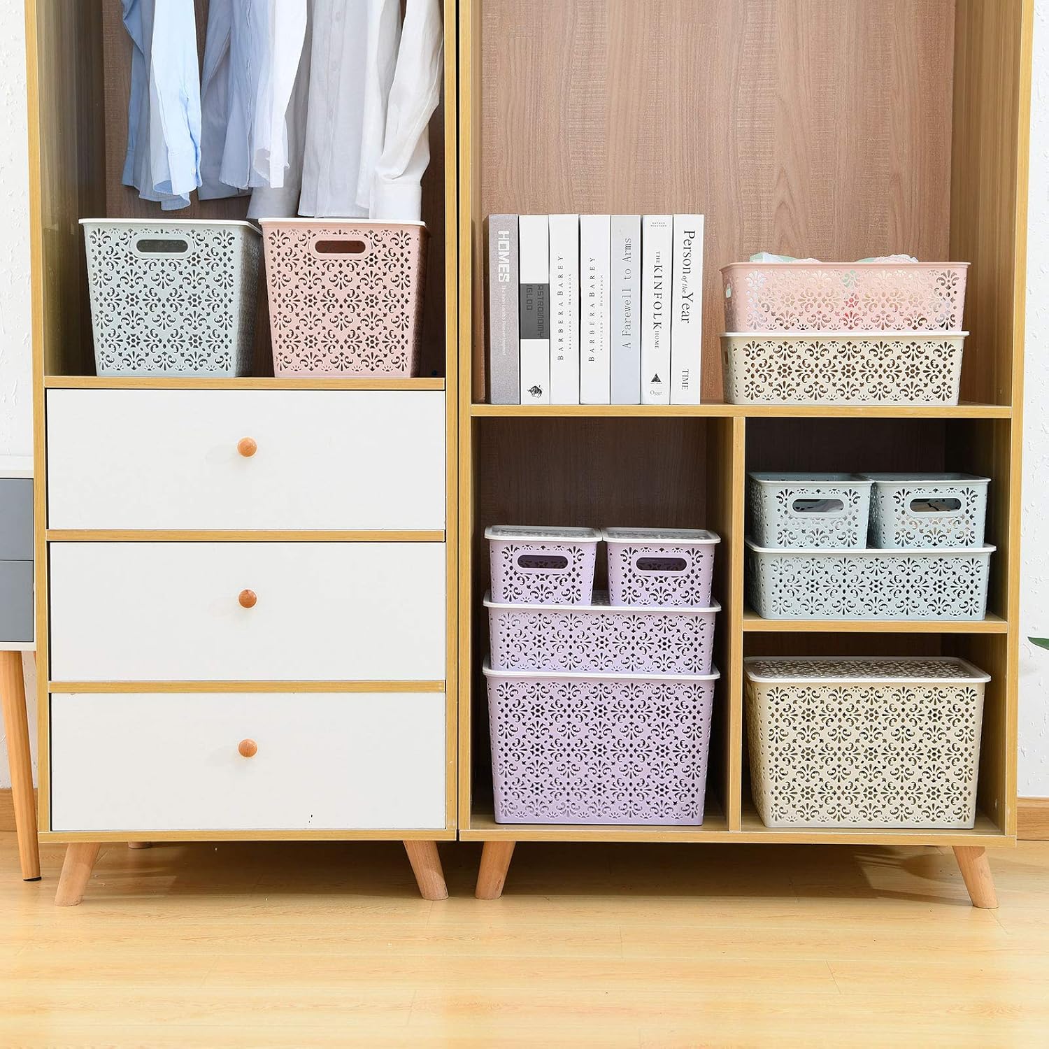 ANMINY Plastic Storage Baskets Set with Handles Removable Lids Stackable Lidded Bins Boxes Home Kitchen Cubes Closet Shelf Organizer Containers Weave Hollow Design 1 Large 1 Medium 2 Small - Beige: Home & Kitchen