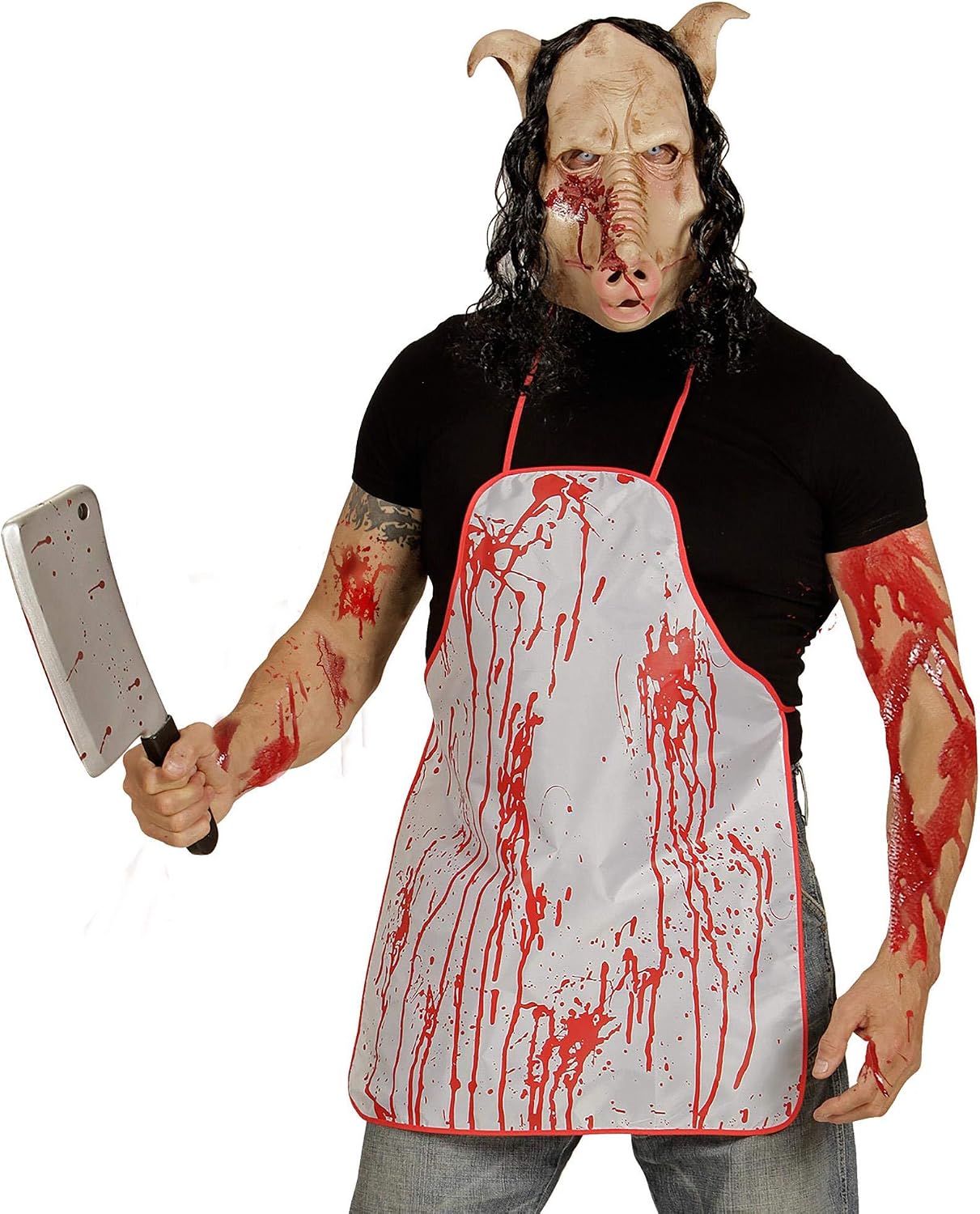 Butcher Shop Pig Mask with Hair Full Head Halloween Fancy Dress Accessory, Multi-coloured - Image 4
