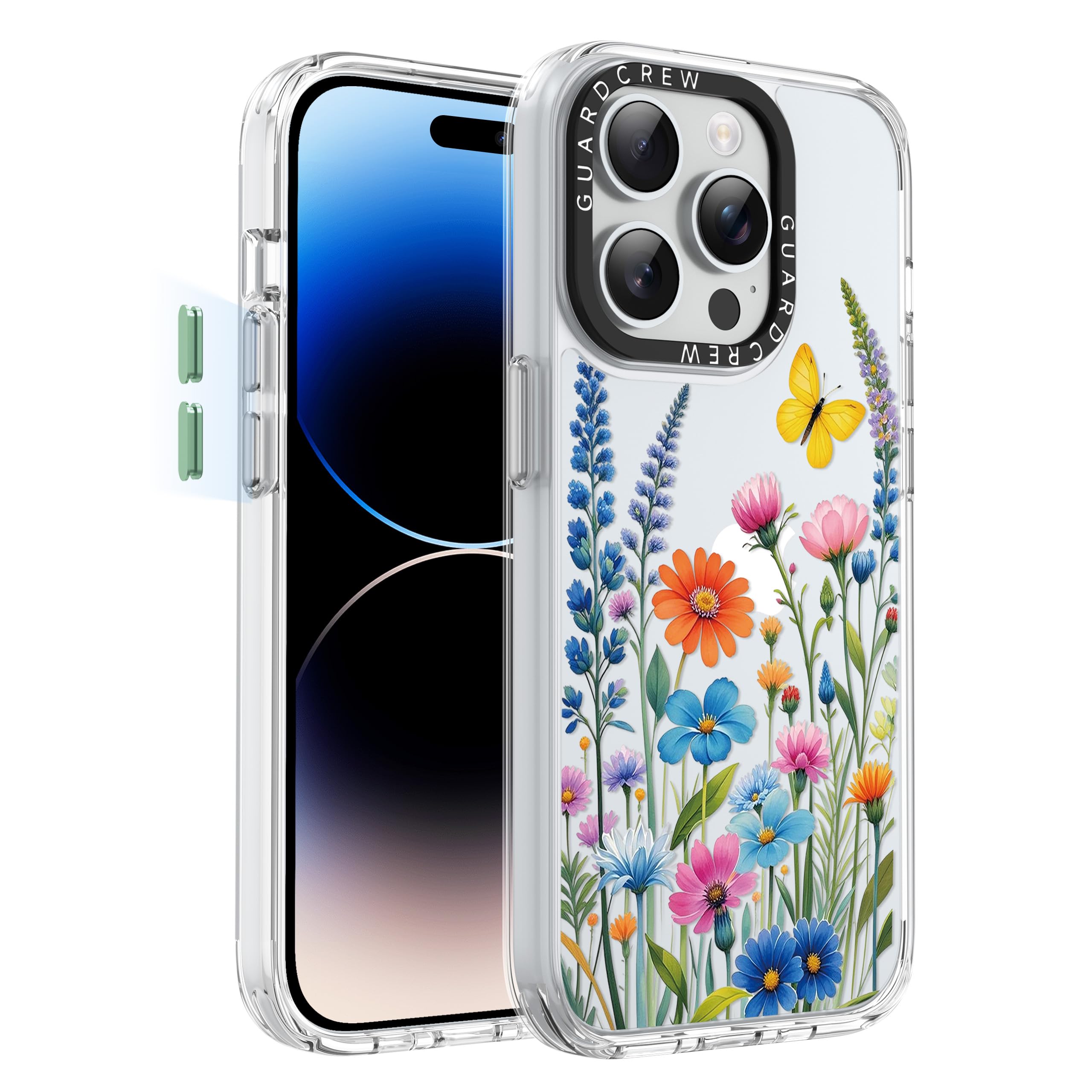 GuardCrew for iPhone 14 Pro Case, [Crashproof 11FT Military-Grade Drop Protection] [Anti-Yellowing & Anti-Peel] Clear Shockproof TPU Bumper Slim Phone Case for iPhone 14 Pro-Butterfly with Wildflowers
