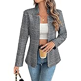 ELLEVEN Women's Plaid Blazer Open Front Stand Collar Houndstooth Suit Boyfriends Jacket for Work Casual