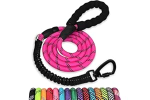 JENICO Rope Dog Leash 5 FT: Heavy Duty Leashes with Swivel Lockable Hook Reflective Threads Bungee and Padded Handle - Dog Lead for Large Small Medium Dogs Outside Walking Hiking Pink