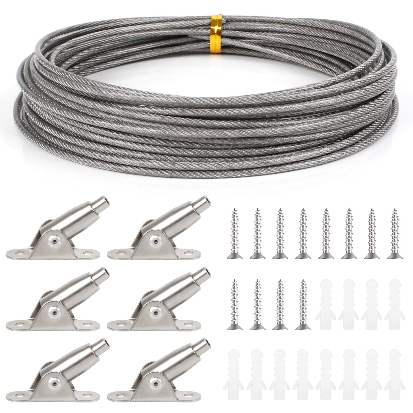 Huayue 2mm x 10m Picture Frame Hanging Wire, 304 Stainless Steel Wire Spool PVC Coated Photo Hanger Wire with Wire Rope Fixed Codes, Screws and Rubber Plugs for Hanging Clothes Curtain