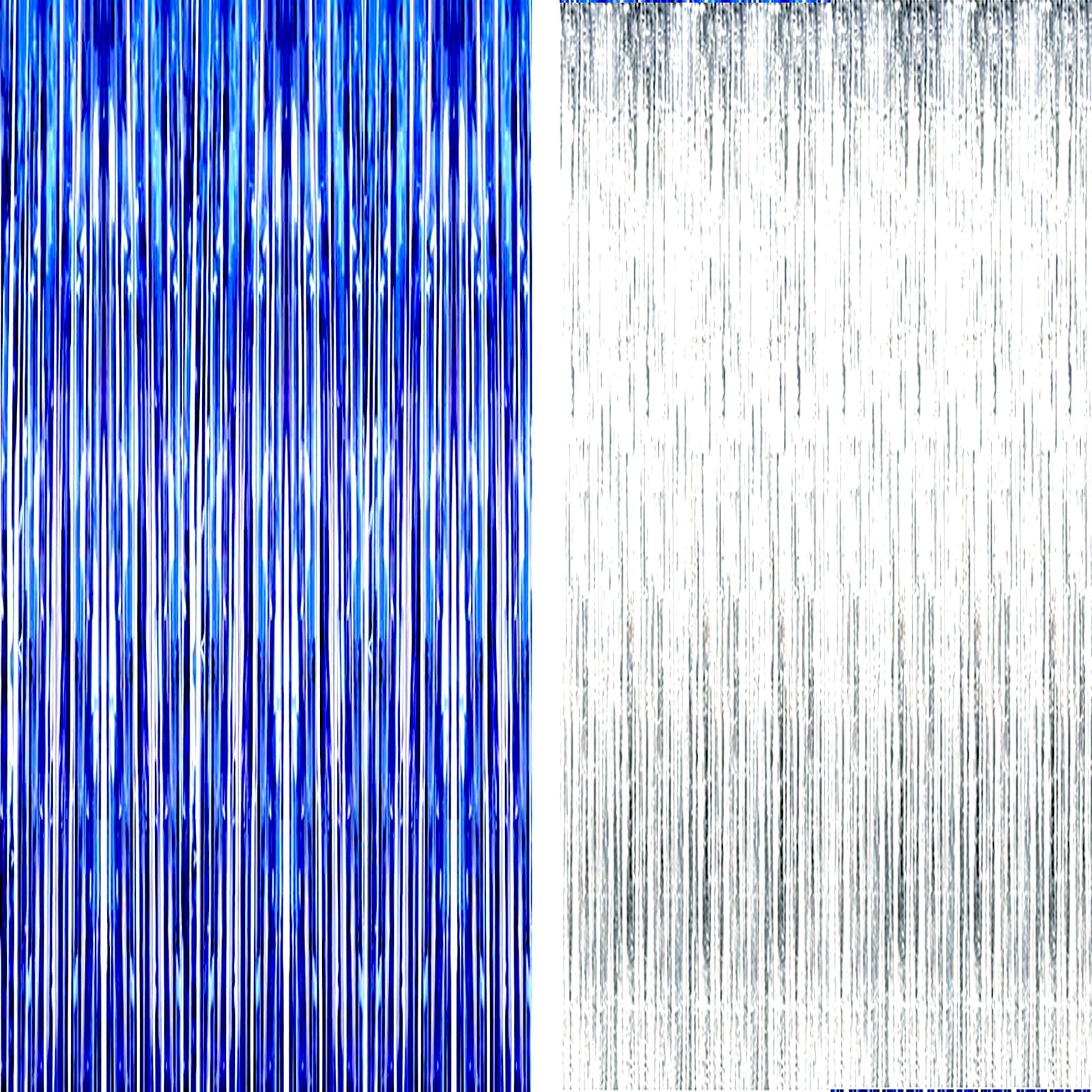 AILEXI 2 Pack 3ft*8ft Party Supplies Foil Fringe Shimmer Curtains, Door Window Decorations Streamers or Wall Backdrop Tinsels - Darkblue Silver
