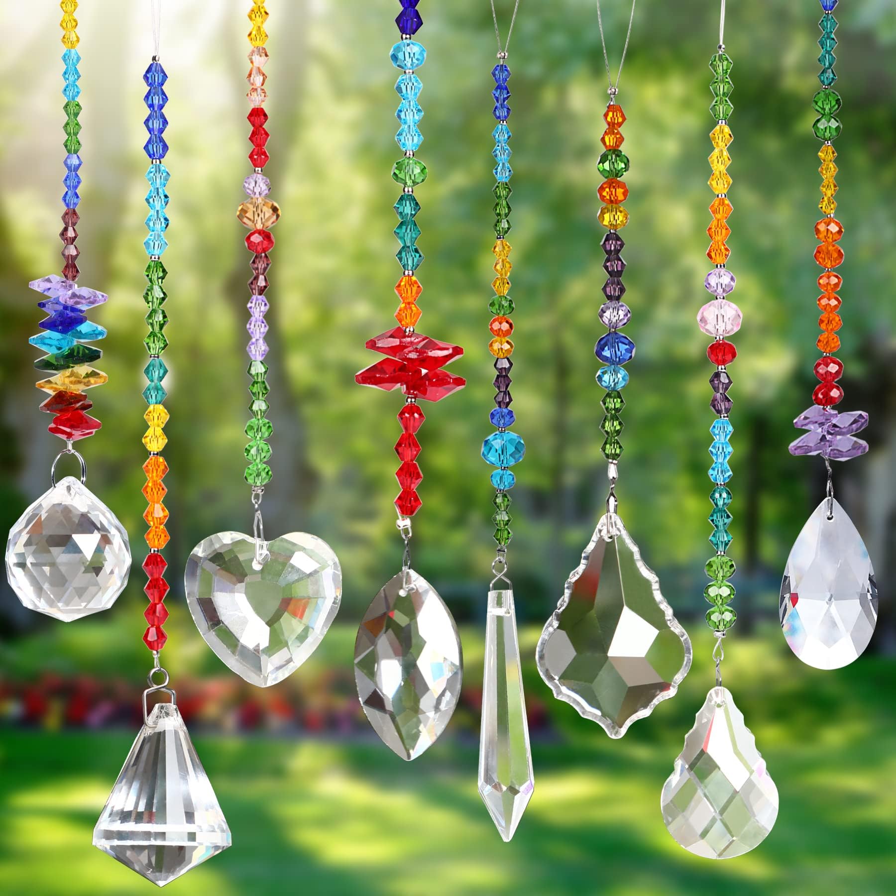 JULMELON 8 Pieces Colorful Crystals Suncatcher Hanging for Window, Rainbow Octogon Chakra Pendants Suncatchers with Crystals Beads Chain for Home Garden Christmas Day Party Wedding Decoration
