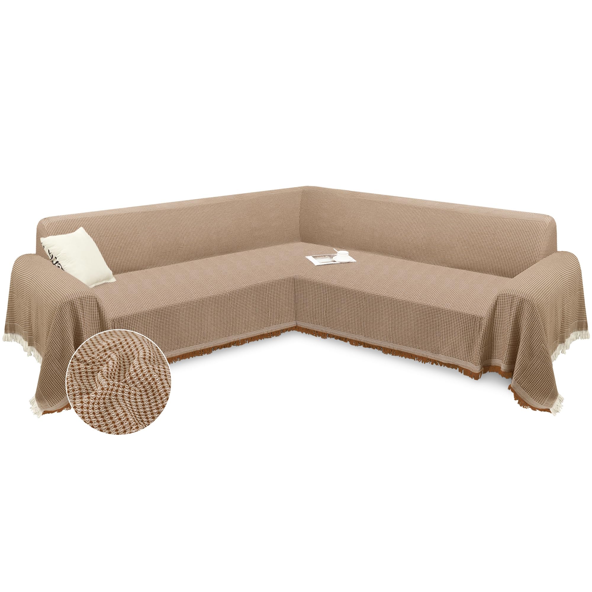 Photo 1 of Arfntevss Sectional Couch Covers L Shape Washable Sofa Cover for Sectional Sofa Soft Reversible Waffle Soft Corner Slipcovers with Tassel Boho Large L Shaped Furniture Protector (Large, Light Brown)