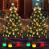 2 Pack Solar Mini Christmas Tree Decorations Lights, 30 Inch 8 Flashing Modes Waterproof Xmas Decor, 60 LED Lights with Ornaments 6 Lighted Gift Boxes for Porch Pathway Yard Garden (Warm White)