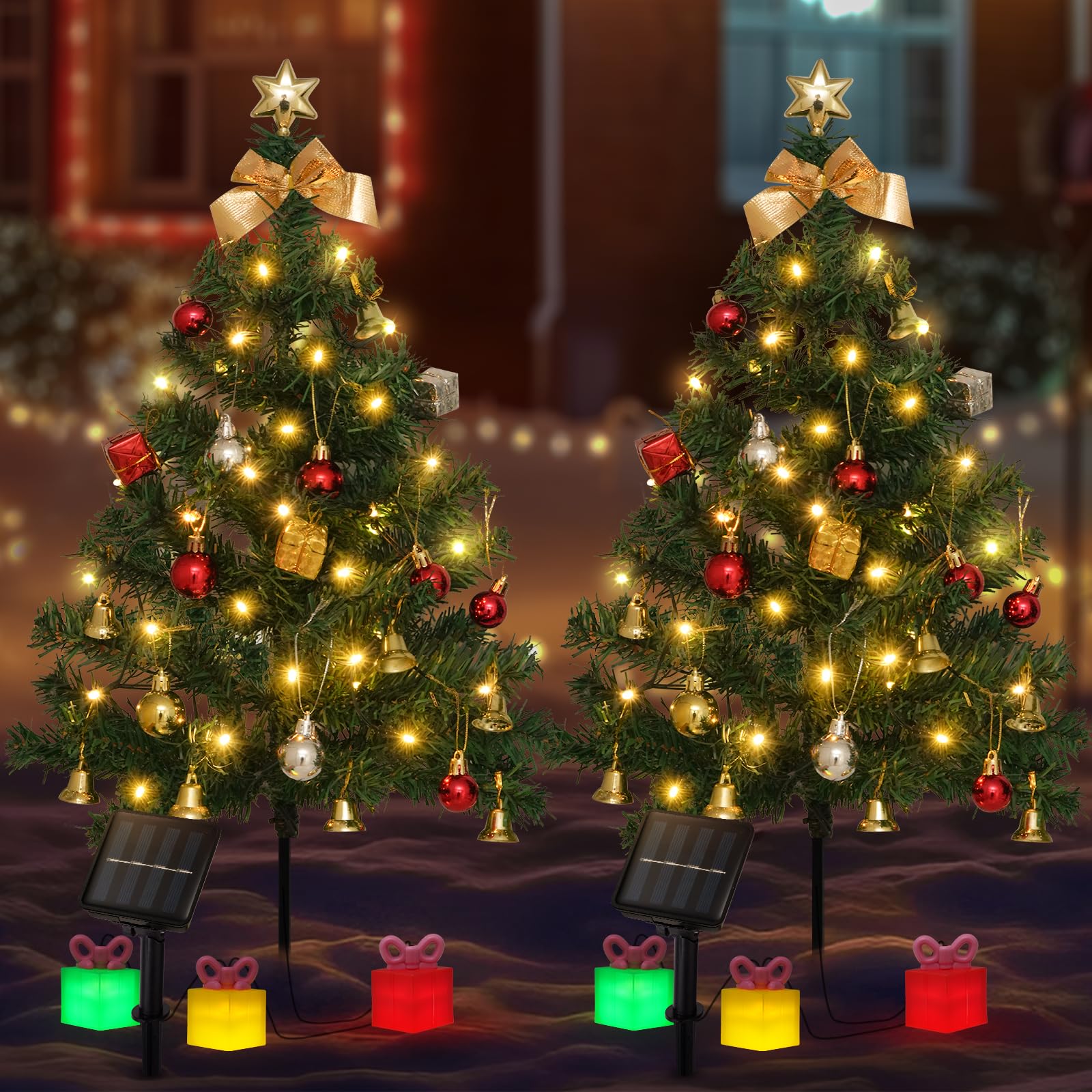 Photo 1 of 2 Pack Solar Mini Christmas Tree Decorations Lights, 30 Inch 8 Flashing Modes Waterproof Xmas Decor, 60 LED Lights with Ornaments 6 Lighted Gift Boxes for Porch Pathway Yard Garden (Warm White)