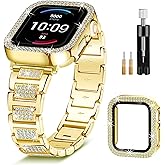Gold Strap for Apple Watch Bands Series 11 10 for Women with Protector Case, Bling Metal Crystal Bracelet for iWatch Band 46mm, Diamond Jewelry Replacement for iPhone Wristband Shiny Slim