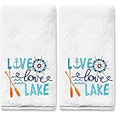 Yanhuecui Lake House Decor Hand Towels for Bathroom Set of 2, Live Love Lake House Gifts, Cotton Soft Embroidered Towels for Kitchen Bath 14x30 Inches, Nautical Housewarming Hand Towels