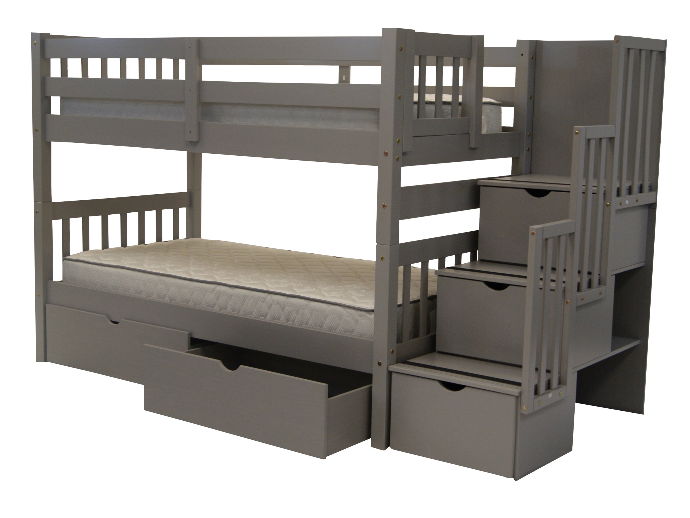 Bedz King Stairway Bunk Beds Twin over Twin with 3 Drawers in the Steps and 2 Under Bed Drawers, Grayn INCOMPLETE
