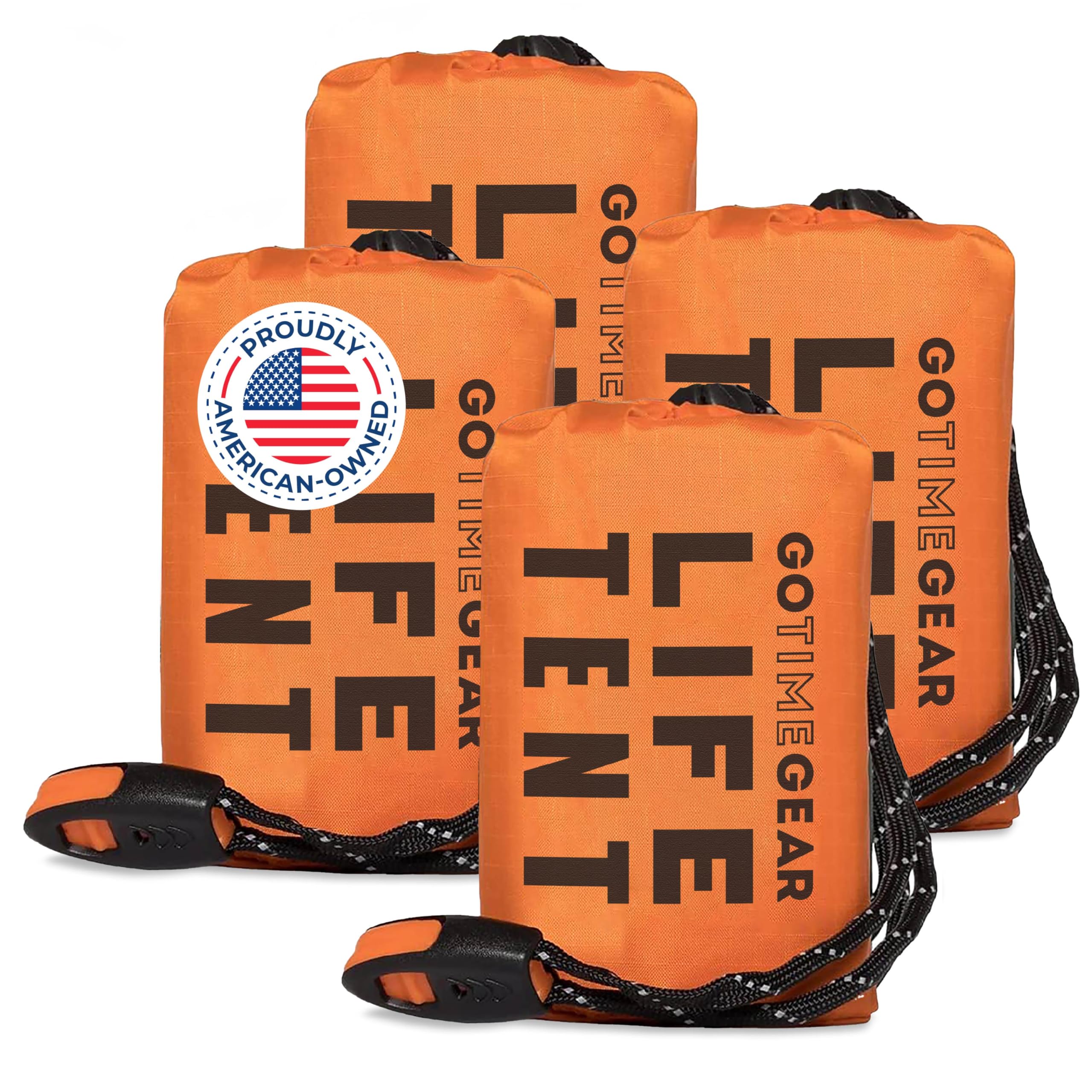 Go Time Gear Survival Life Tent • 2 Person Mylar Emergency Shelter Tube Tent + Paracord • All-Weather Protection for Camping, Hiking, & Survival Kits • Includes Emergency Whistle • 4PK Orange