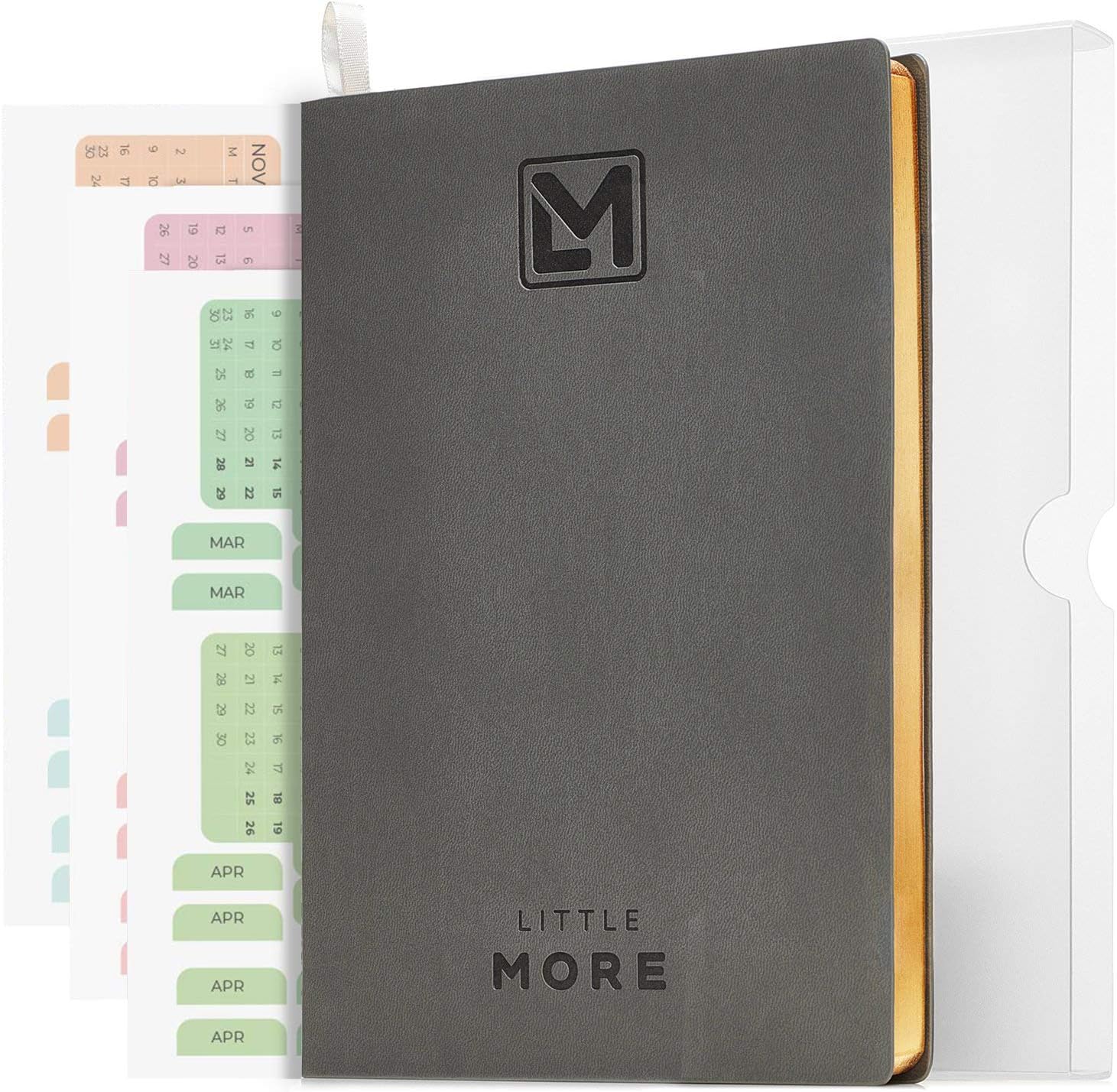 Little More Daily Organizer Planner in Protect Box - Undated Planner to Achieve Goals - A5 Vegan Leather 5.5”x8.5" - Calendar Stickers 2021-2022 (Grey Gold): Office Products