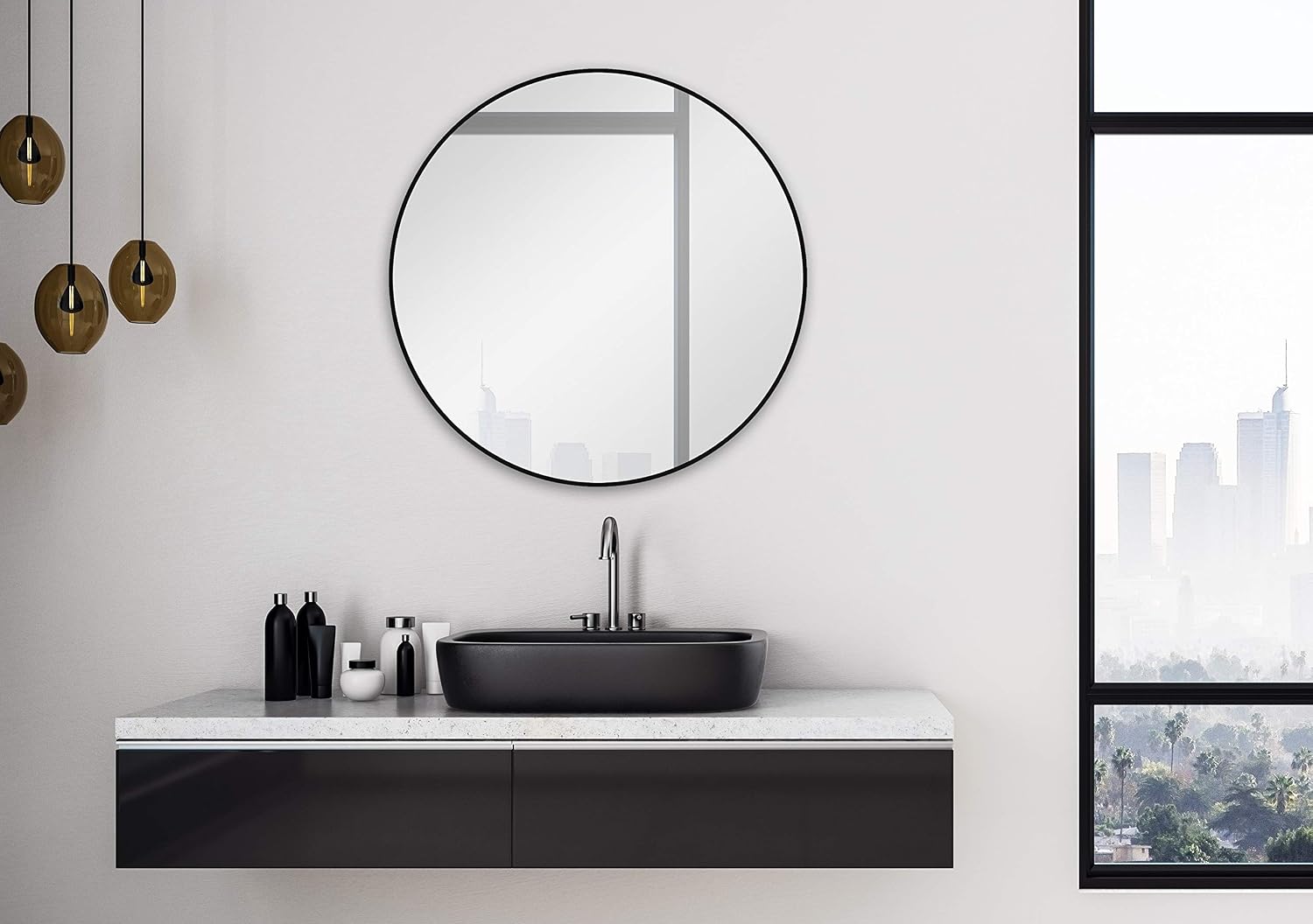 Talos Black Circle Design Wall Mirror, Aluminium Frame, Matt Black, 60 cm, Hochwertiger Aluminiumrahmen in Matt Schwarz, 60L x 60W cm - Image 3