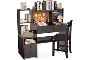 RUPOLX Espresso Kids Desk and Chair Set for 5-12 Year Old, Childrens Computer Desk with Storage Shelf, Kids Study Table with 4 Drawers