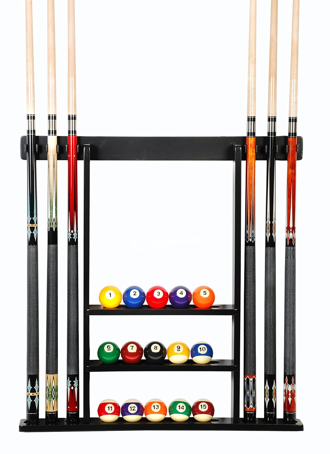 Cue Rack Only - 6 Pool Cue - Billiard Stick Wall Rack Made of Wood ChooseMahogany, Black or Oak Finish