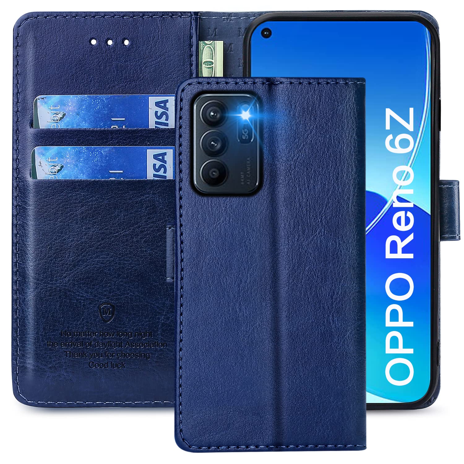 FMPCUON Case For OPPO RENO 6Z 5G,High-grade Leather Flip Wallet Phone Case Cover for OPPO RENO 6Z 5G Inches [Card Slots] [Kickstand] [Magnetic Closure]-(Blue) — image 1