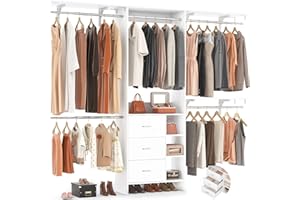 Aheaplus Closet System, Closet Organizer with 3 Wooden Drawers, 8FT Closet Organizer System, 96’’ Walk-in Closet Wardrobe Clothes Rack with Hanging Rods, Garment Rack, Fits 5.3-9 ft, -W3,White