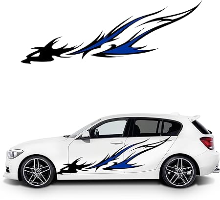Amazon カッティングステッカー 黒炎と青い炎が包み込む 2色の炎の形にカッティング 車ボディステッカー 左右set 車 バイク 車 バイク