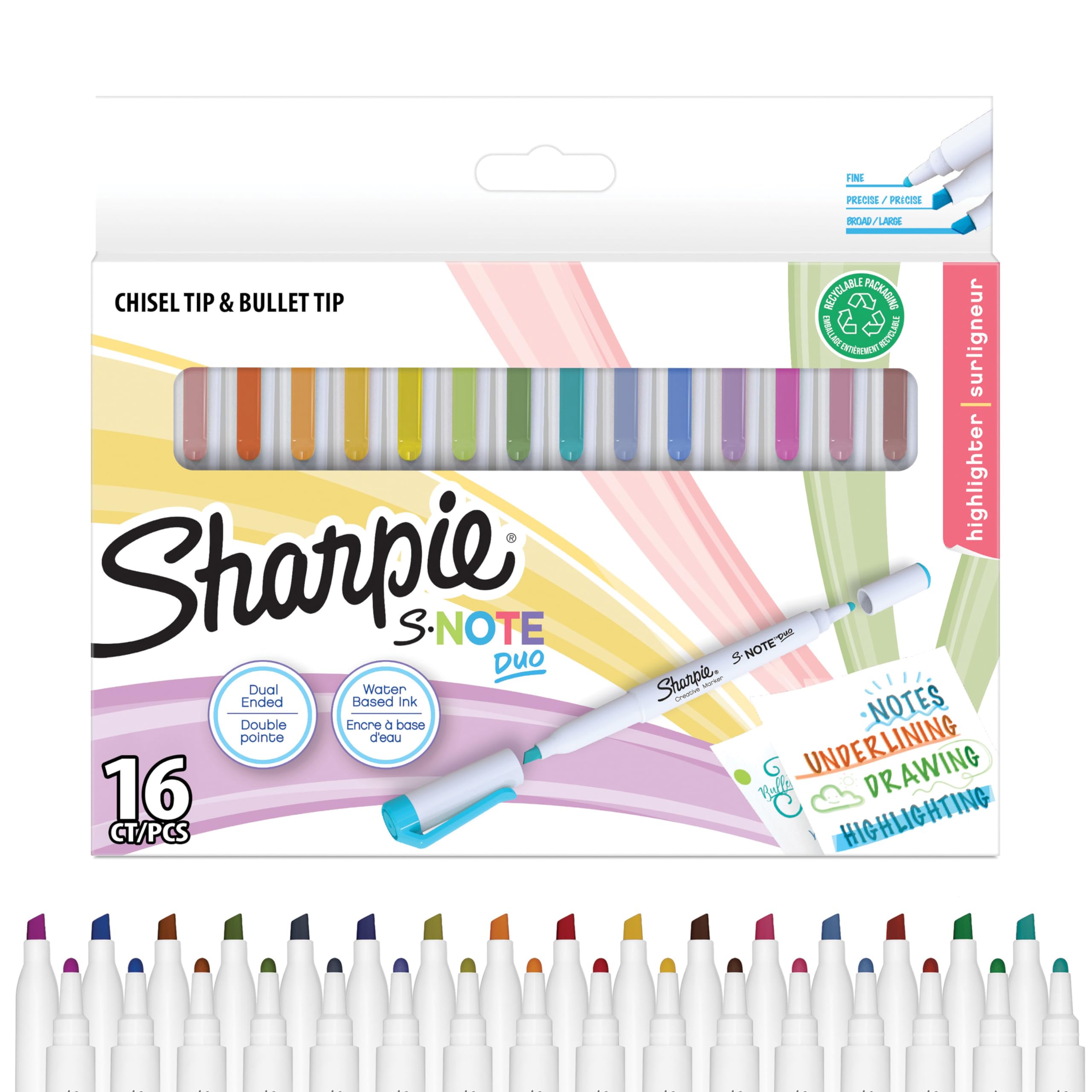 Sharpie S-Note Duo Highlighters | Dual Ended Pastel Creative Markers | Bullet & Chisel Tip for HighlightingDrawingJournaling & More | 16 Count