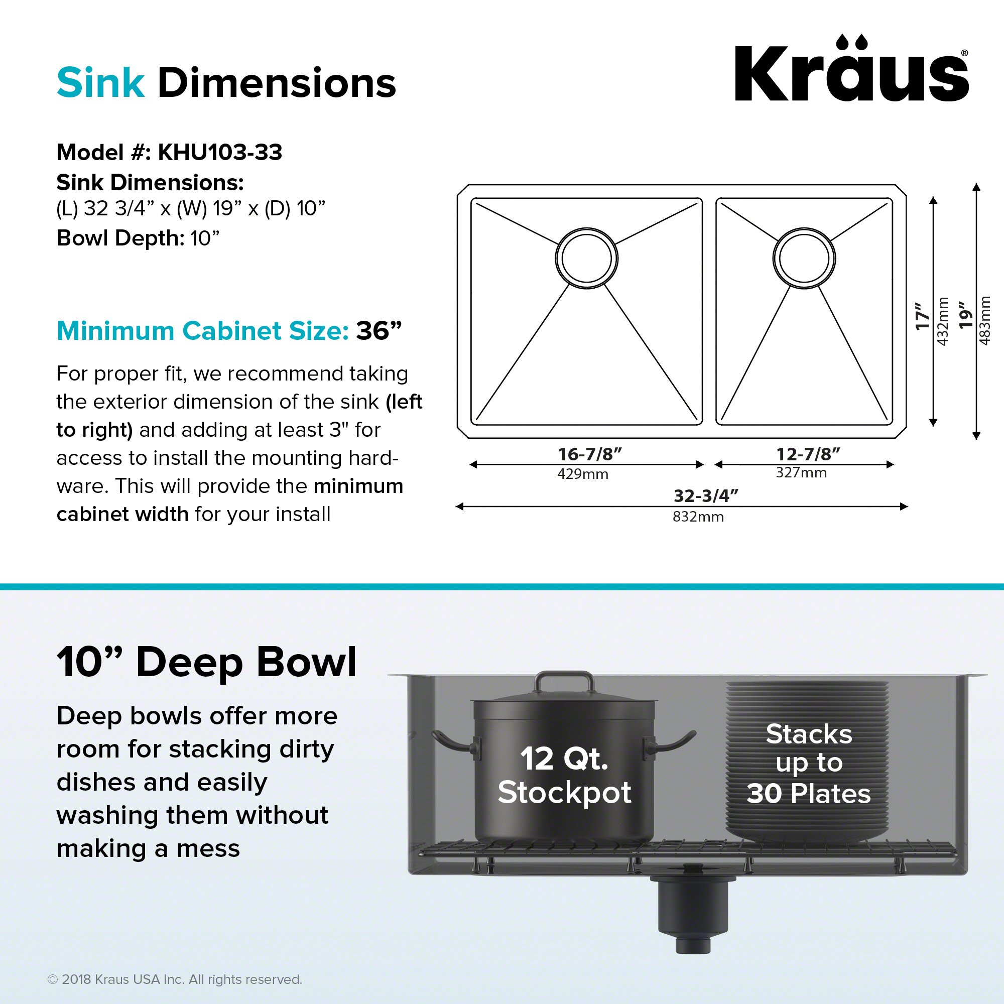 Kraus Kitchen Sinks Undermount - 33 Inch Stainless Steel Kitchen Sink, 60/40 Double Bowl, 16 Gauge, Model KHU103-33