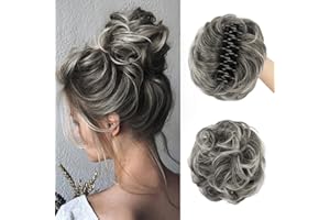 SOFEIYAN Claw Clip Messy Bun Hair Piece Synthetic Tousled Updo Hair Extensions Wavy Curly Hair Bun Clip in Claw Chignon Ponytail Hairpieces Scrunchie Hairpiece for Women, Gray with White Tips