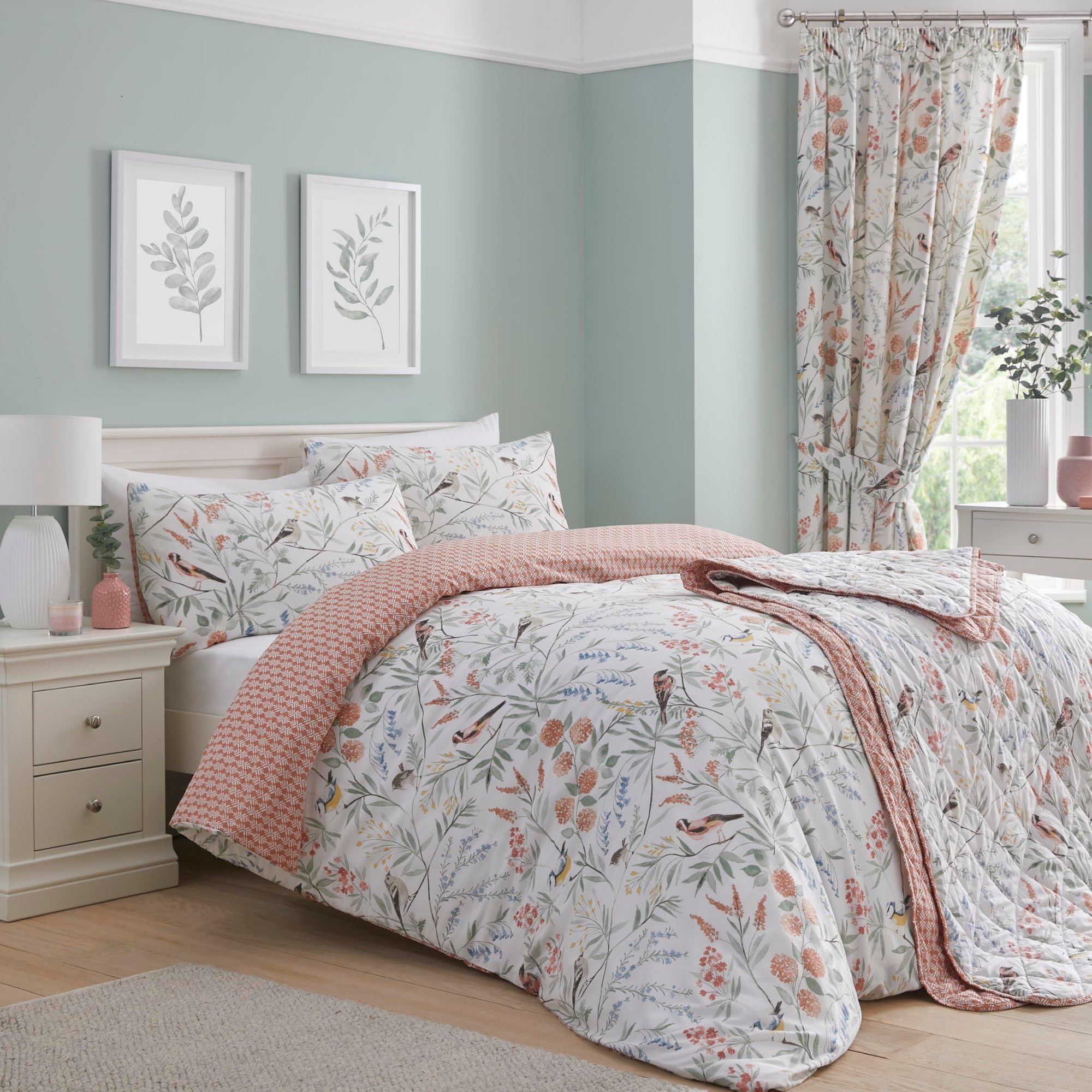 Dreams & Drapes - Salmon Peach Floral & Bird Duvet Cover - Single Bedding Size (140 x 200cm) - Reversible (2 Designs) - 2 Pieces - Vintage Floral Bedding in Terracotta - Spring Garden Flower Bed Set